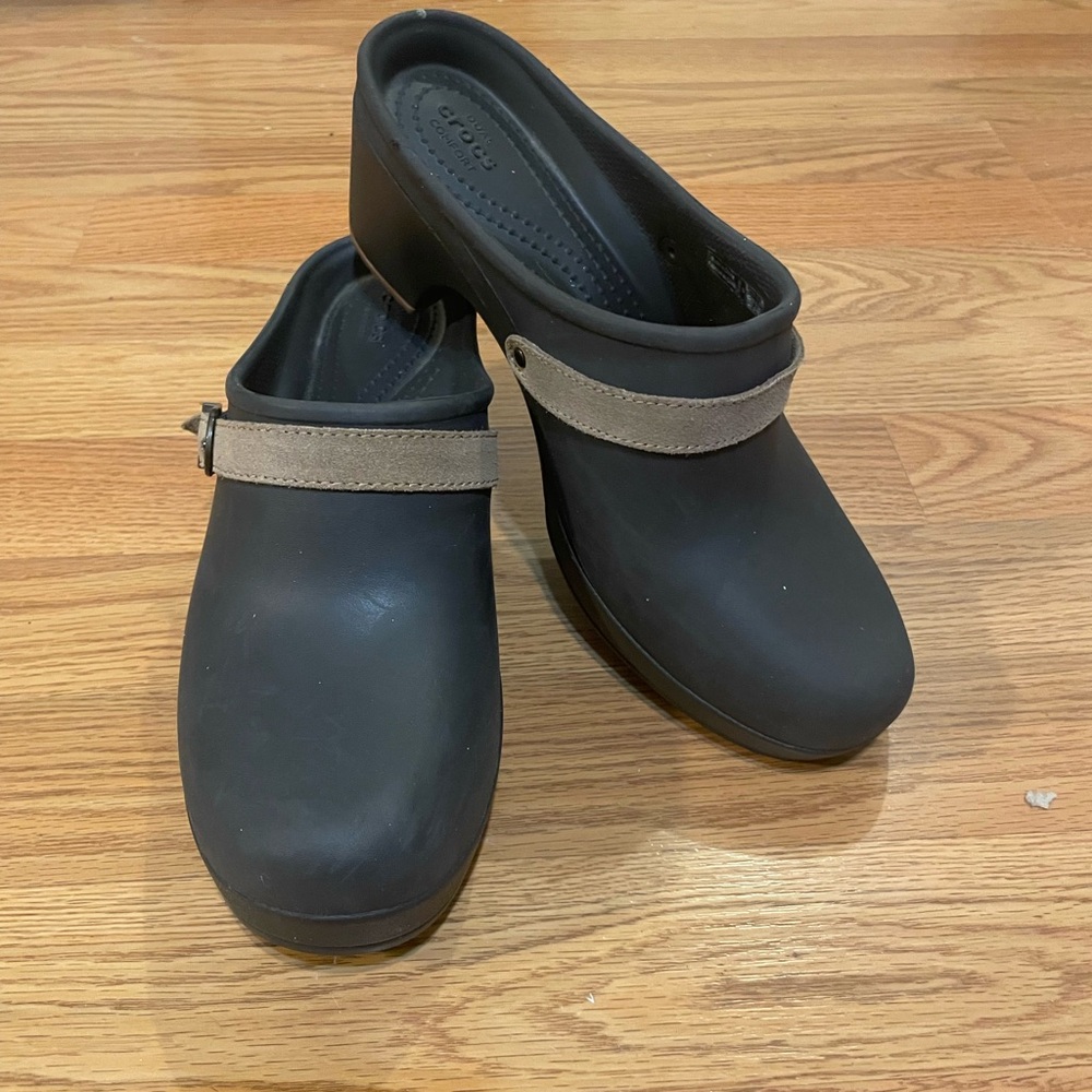 CROCS Dark Brown Clogs with Light Tan Strap